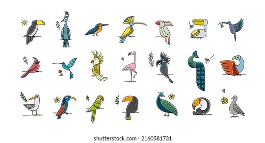 Icons set of paradise tropical birds. Pink flamingo and green parrots on branches. Peacocks with toucans etc. Childish style for your design