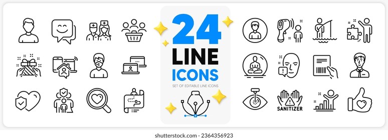 Icons set of Parcel invoice, Headshot and Smile face line icons pack for app with Work home, Clean hands, Face attention thin outline icon. Strategy, Journey path, Fisherman pictogram. Vector