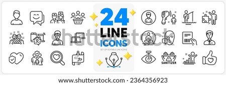 Icons set of Parcel invoice, Headshot and Smile face line icons pack for app with Work home, Clean hands, Face attention thin outline icon. Strategy, Journey path, Fisherman pictogram. Vector