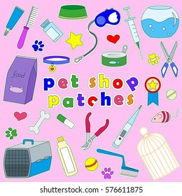 Icons set of patches on the subject of veterinary science and Pets,stickers patches on a pink background