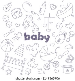 Icons set of patches on the topic of childhood and newborn , simple contour icons, dark outlines on light background