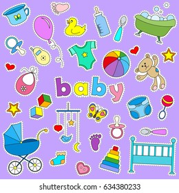 Icons set of patches on the topic of childhood and newborn , signs on a purple background