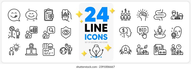Icons set of Pay, Augmented reality and Smile chat line icons pack for app with Eye checklist, Cyber attack, Eco bike thin outline icon. Inspect, Yummy smile, Eye protection pictogram. Vector