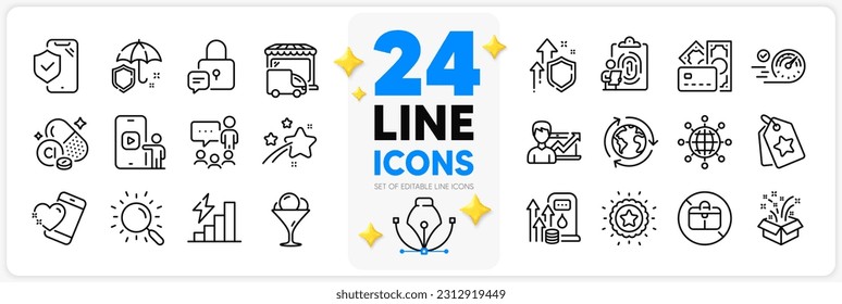 Icons set of People chatting, Speedometer and Umbrella line icons pack for app with Phone insurance, Loyalty tags, Search thin outline icon. Money, No handbag, Lock pictogram. Vector