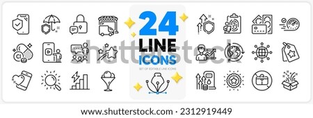 Icons set of People chatting, Speedometer and Umbrella line icons pack for app with Phone insurance, Loyalty tags, Search thin outline icon. Money, No handbag, Lock pictogram. Vector