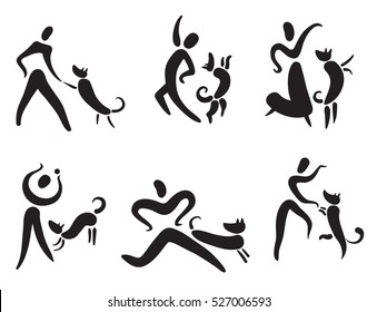 Icons set with people and dogs. Pictogram for partnership of animals and humans. Playing, dancing, running, heelwork logotypes. Vector design elements for cynological sports and activity