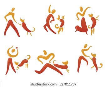 Icons set with people and dogs. Pictogram for partnership of animals and humans. Playing, dancing, running, heelwork, training logotypes. Vector design elements for cynological sports and activity