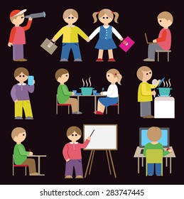 Icons set with people and students (flat conception, vector illustration)