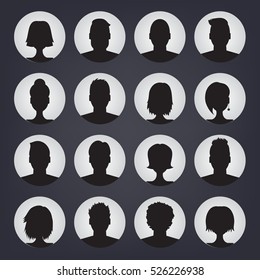 Icons set of people stylish avatars for profile page, social network, social media, man and woman characters. Vector human silhouettes.