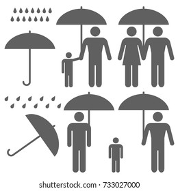 Icons set people and umbrellas on white background