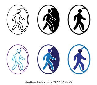Icons set of person walking through portal, outline and solid fill, various colors. Travel, teleport, dimension, journey symbol. Graphic elements isolated on transparent.