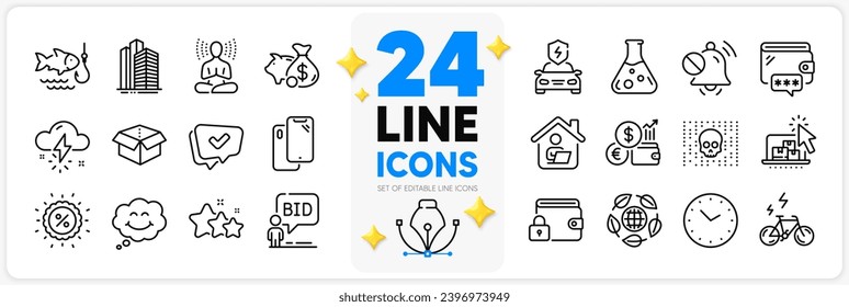 Icons set of Piggy bank, Approved and Time line icons pack for app with Chemistry lab, Smartphone, Cyber attack thin outline icon. E-bike, Smile, Car charging pictogram. Currency rate. Vector