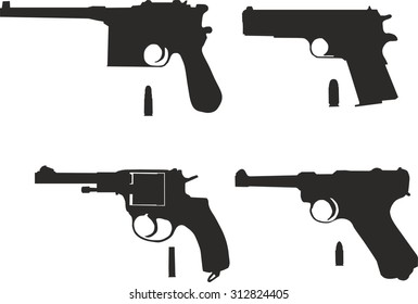 Icons set of pistols with bullets.
