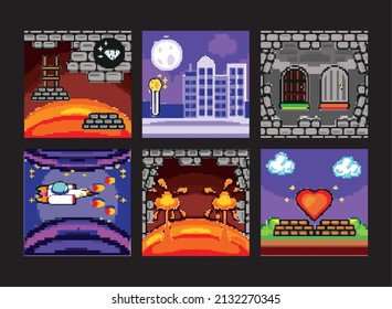 icons set of pixelated screen game