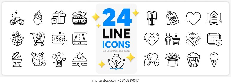 Icons set of Popcorn, Calendar and Hold heart line icons pack for app with Fireworks rocket, Buyer, Sun protection thin outline icon. Bathrobe, Ice cream, Discount coupon pictogram. Vector