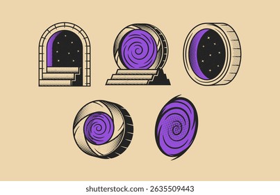 Icons set of portals in vintage style. Portals with Spiral vortexes, stairs and starry night skies. Perfect for tattoos, posters, apparel and sci-fi, myshtic themed prints. Vector illustration.