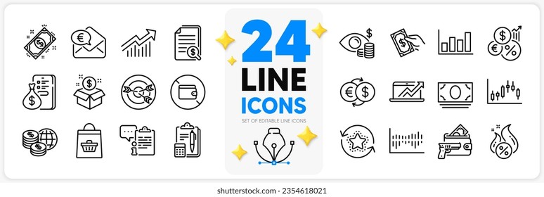 Conjunto de iconos de paquete Post, diagrama de ventas e iconos de línea de curva de Demanda para aplicación con diagrama de columnas, Inflación, icono de esquema delgado de pago. Cartera, préstamo caliente, pictograma de dinero mundial. Vector