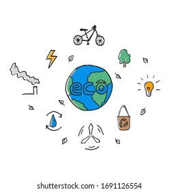 Icons set of power, ecobag, recycling, bike, lamp, windmill. Concept of ecology, recycling, waste sorting, conservation of resources, environment. Vector illustration in hand draw and doodle style.