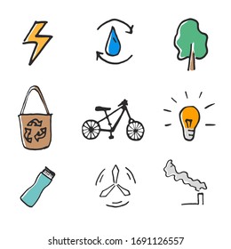 Icons set of power, ecobag, recycling, bike, lamp, windmill. Concept of ecology, recycling, waste sorting, conservation of resources, environment. Vector illustration in hand draw and doodle style.