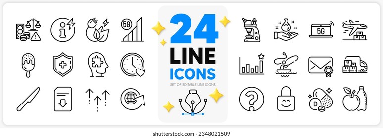 Icons set of Power info, Fraud and Question mark line icons pack for app with Microscope, Download file, Delivery truck thin outline icon. Medical shield, Mental conundrum, Dating pictogram. Vector