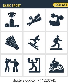 Icons set premium quality of basic sport and sports development   training. Modern pictogram collection flat design style symbol. Isolated white background