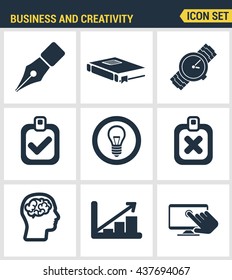 Icons set premium quality of creative business development process, modern office workflow and creativity solution.  pictogram collection flat design style. Isolated white background