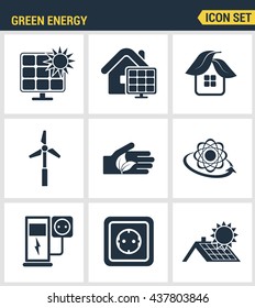Icons set premium quality of eco friendly green energy, clean sources  power. Modern pictogram collection flat design style symbol. Isolated white background.
