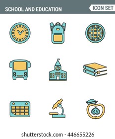 Icons set of premium quality of elementary school objects and education items, learning symbol and student equipment. Modern pictogram collection flat design style. Isolated on white background.