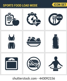 Icons set premium quality of fitness Sports food load mode burn calories healthy diet. Modern pictogram collection flat design style symbol. Isolated white background