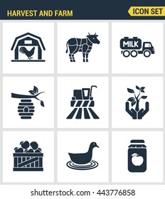 Icons set premium quality of harvest and farm agriculture agronomy business. Modern pictogram collection flat design style symbol . Isolated white background