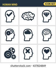 Icons set premium quality of human mind process, brain features and emotions. Modern pictogram collection flat design style symbol. Isolated white background