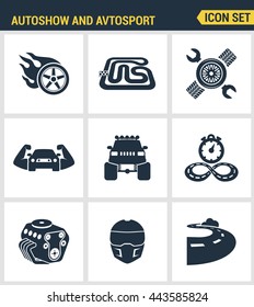 Icons set premium quality of monster truck engine car racing rally muscle. Modern pictogram collection flat design style symbol. Isolated white background