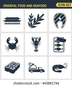 Icons set premium quality of oriental food and seafood sushi roll cooking japan menu. Modern pictogram collection flat design style symbol. Isolated white background