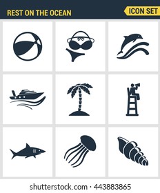 Icons set premium quality of rest on the ocean swimming travel recreation holiday summer. Modern pictogram collection flat design style symbol. Isolated white background