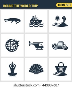 Icons set premium quality of round the world trip transport vacation transportation. Modern pictogram collection flat design style symbol. Isolated white background