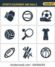 Icons set premium quality of sports equipment and wear, various type balls. Modern pictogram collection flat design style symbol . Isolated white background
