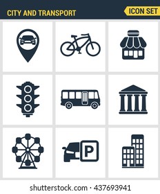 Icons set premium quality of various city elements, street transportation sign. Modern pictogram collection flat design style. Isolated white background.