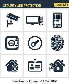 Icons set of premium quality various security objects, information and data protection system, safety access elements. Modern pictogram collection flat design style. Isolated on white background