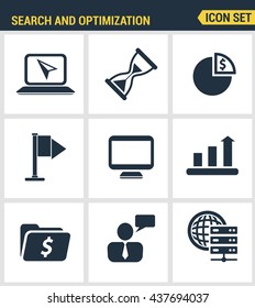 Icons set premium quality of website searching engine optimization, seo analytics and data management, webpage traffic development. Modern pictogram collection flat design style.