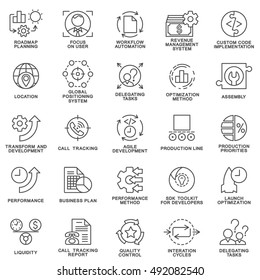 Icons set of production management. The thin contour lines.