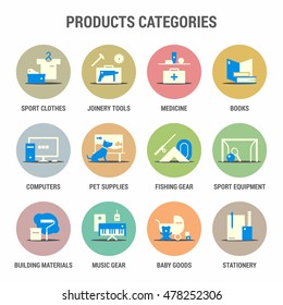 Icons set of products categories. Flat. Colorized.