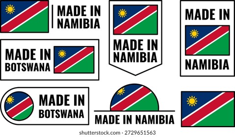 Icons set for products made in Namibia featuring flag designs and simple text