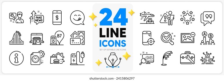 Juego de iconos de la fecha límite del proyecto, paquete de iconos de la montaña rusa y de la línea de teléfono Seo para la aplicación con pago por Smartphone, estación Diesel, icono del contorno delgado de dinero. Laboratorio de química, entrega de alimentos. Vector