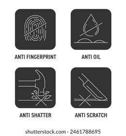 Icons set of protective glass benefits, for touch screen of phone, tablet or any other gadget. Anti-fingerprint, Anti-oil, Anti shatter or scratch. Pictograms set for labeling in thin line and square