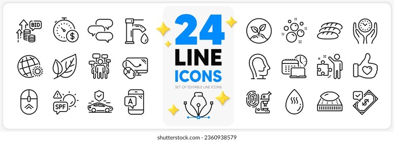 Icons set of Psychology, Leaf and Bread line icons pack for app with Mattress, Bid offer, Safe time thin outline icon. Voting campaign, World weather, Work time pictogram. Startup. Vector