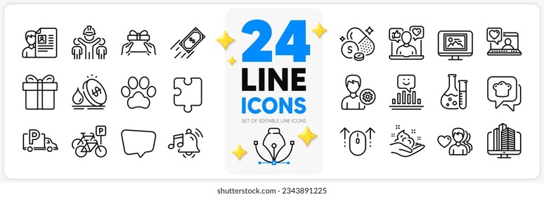 Icons set of Puzzle, Chat message and Smile line icons pack for app with Truck parking, Fast payment, Sulfur mineral thin outline icon. Photo thumbnail, Social media, Dog paw pictogram. Vector