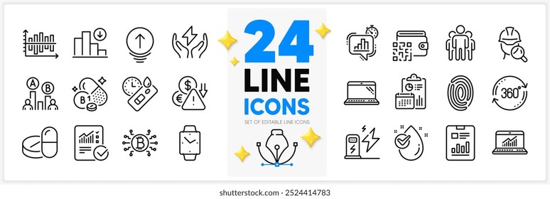 Conjunto de iconos de código Qr, deslizamiento hacia arriba y paquete de iconos de línea de estadísticas en línea para App con prueba de Covid, vitamina tiamina, gota de agua icono de contorno delgado. Cálculo comprobado, estación de carga. Vector