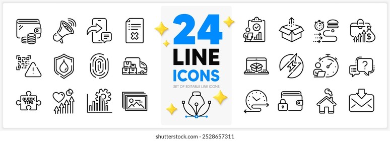 Icons set of Quick tips, Reject file and Question mark line icons pack for app with Salary, Online delivery, Wallet thin outline icon. Home, Incoming mail, Seo graph pictogram. Inspect. Vector