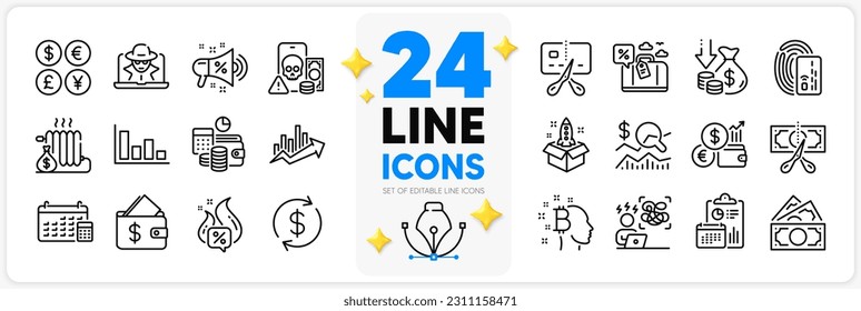 Icons set of Radiator, Wallet and Bankrupt line icons pack for app with Deflation, Travel loan, Bitcoin think thin outline icon. Phishing, Card, Fraud pictogram. Report, Startup, Usd exchange. Vector