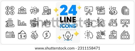 Icons set of Radiator, Wallet and Bankrupt line icons pack for app with Deflation, Travel loan, Bitcoin think thin outline icon. Phishing, Card, Fraud pictogram. Report, Startup, Usd exchange. Vector Foto stock © 
